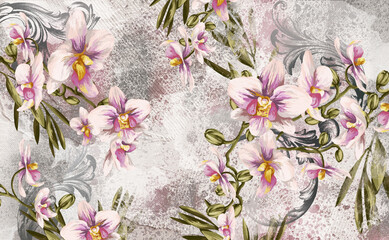 
Delicate orchid painted on a textured background, photo wallpaper in the interior