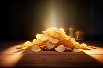 Obraz na płótnie Canvas 3D cartoon crunchy potato chips arranged in a stack on a rustic wooden table with a bright spotlight shining down from above. Generative AI