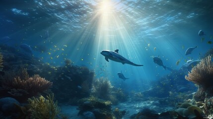 Fototapeta na wymiar Dive into a mesmerizing Ultra HD underwater world of playful dolphins, coral reefs, and marine life surrounded by shimmering beams of light, Generative AI