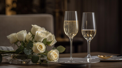 A lonely glass with sparkling champagne stands on a beautiful table adorned with a delicate bouquet of white roses. The glass, elegant and transparent, reflects light and creates a Generative AI