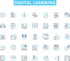 Digital learning linear icons set. E-learning, Online courses, Virtual classrooms, Distance education, Internet courses, Cyberlearning, Tech-based learning line vector and concept signs. Computerized