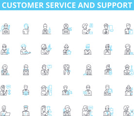 Customer service and support linear icons set. Satisfaction, Empathy, Feedback, Communication, Reliability, Responsiveness, Timeliness line vector and concept signs. Trusrthiness,Accountability