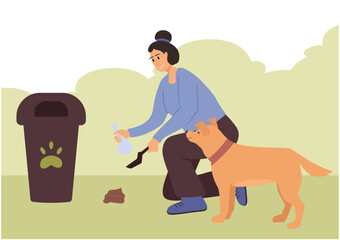 Girl cleans up after her dog, cleaning up after animals, woman walks a dog