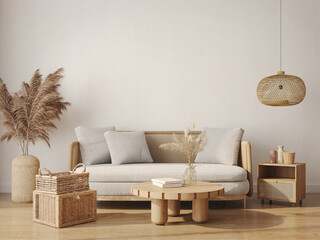 White living room with rattan furniture in japanese style.3d rendering
