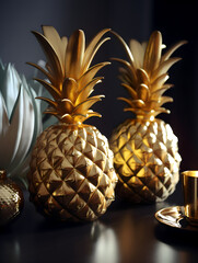 2 Golden pineapple on a black background - Generative AI