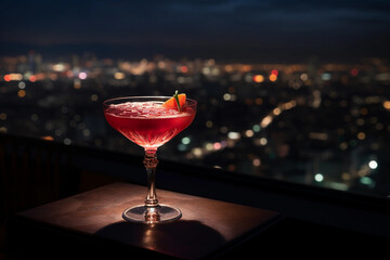 a beautiful cocktail at a rooftop bar overlooking a gorgeous city