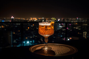 a beautiful cocktail at a rooftop bar overlooking a gorgeous city, Generative AI