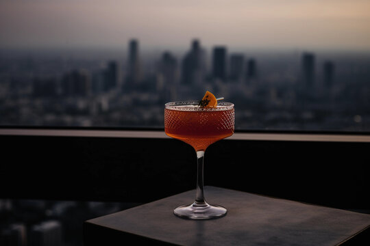 a beautiful cocktail at a rooftop bar overlooking a gorgeous city, Generative AI