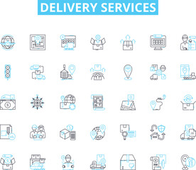Delivery services linear icons set. Courier, Package, Dispatch, Shipment, Express, Logistics, Transport line vector and concept signs. Freight,Trucking,Parcels outline illustrations