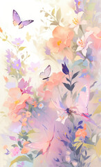 Fototapeta na wymiar Delicate romantic floral illustration with butterflies and flowers in soft and blurred pastel colors. Generative AI