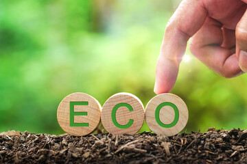Words ECO on wooden cubes with finger touch on green sunny background. save clean planet, Saving environment, ecology concept.eco-friendly agricultural products. Reducing human intervention in ecosyst - obrazy, fototapety, plakaty