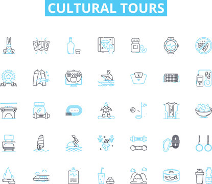 Cultural tours linear icons set. Heritage, Tradition, Folklore, Festivals, Customs, History, Art line vector and concept signs. Music,Dance,Food outline illustrations