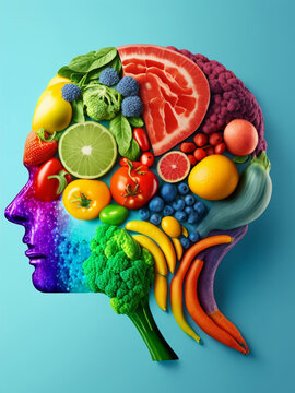 Colorful Collage showing the power of health eating, Brain Food, Fruits, Healthy Nutrition 
