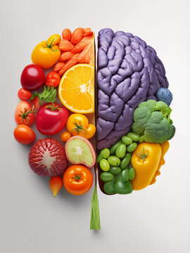Colorful Collage showing the power of health eating, Brain Food, Fruits, Healthy Nutrition 