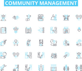 Community management linear icons set. Engage, Empower, Connect, Build, Advocate, Facilitate, Nurture line vector and concept signs. Communicate,Moderate,Inspire outline illustrations