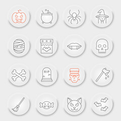 Halloween line icon set, horror symbols collection, vector sketches, neumorphic UI UX buttons, creepy holiday signs linear pictograms package isolated on white background, eps 10.