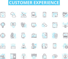 Customer experience linear icons set. Satisfaction, Feedback, Service, Loyalty, Journey, Engagement, Empathy line vector and concept signs. Personalization,Communication,Retention outline