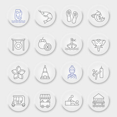 Thailand line icon set, thai symbols collection, vector sketches, neumorphic UI UX buttons, asia signs linear pictograms package isolated on white background, eps 10.