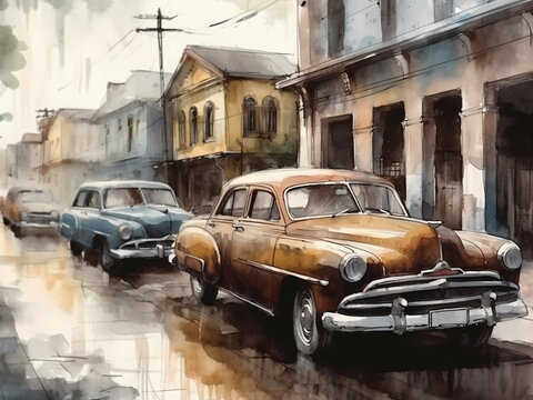 Artwork - watercolor pencil drawing of some classic cars in the streets of a town in cuba