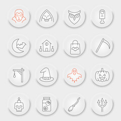 Halloween line icon set, horror symbols collection, vector sketches, neumorphic UI UX buttons, creepy holiday signs linear pictograms package isolated on white background, eps 10.