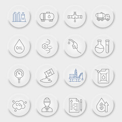 Oil industry line icon set, fuel production symbols collection, vector sketches, neumorphic UI UX buttons, nature resources signs linear pictograms package isolated on white background, eps 10.