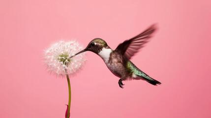 Obraz na płótnie Canvas Kolibri an einer Blüte mit pinken Hintergrund