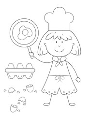 coloring page of a cartoon girl cooking fried eggs. you can print it on 8.5x11 inch paper