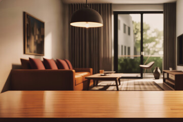 Table top with Blurred sofa Home interior decoration
