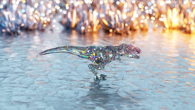 Abstract concept. Diamond dinosaur on a shiny surface on a background of precious stones. Sparks, shine. 3d animation 