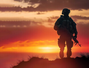 Soldier at dawn. silhouette of a soldier with weapons. generative AI