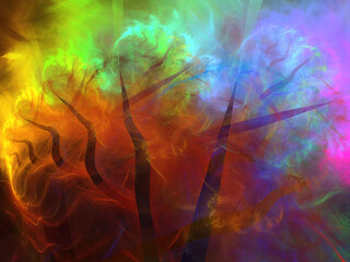 Creación de arte imaginario digital compuesto de mancha de una gama de colores tipo neón atravesadas por rayos negros en un conjunto que parece ser un bosque ardiendo después de una tormenta.