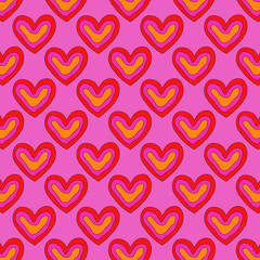 1970 psychedelic seamless pattern. 1970s good vibes hearts ornament. 1960 retro Valentine. Hippie peace and love. Funky and groove card. Trippy art.Hippie wallpaper background poster	