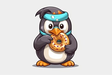 cute penguin holding a tasty doughnut. Generative AI
