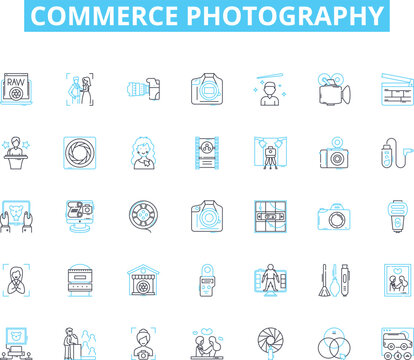 Commerce photography linear icons set. E-commerce, Product, Advertising, Market, Sales, Merchandising, Display line vector and concept signs. Branding,Manufacturing,Online outline illustrations