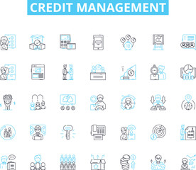 Credit management linear icons set. Budgeting, Debt, Score, Reports, Risk, Monitoring, Payments line vector and concept signs. Interest,Collections,Finance outline illustrations