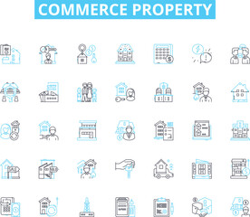 Commerce property linear icons set. Retail, Commercial, Industrial, Office, Warehouse, Shopping, Plaza line vector and concept signs. Strip,Business,Park outline illustrations