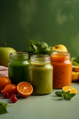 vegetable puree in glass jars, space for text, baby food concept, healthy food. generated by AI