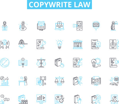 Copywrite law linear icons set. Infringement, Plagiarism, Copyrightability, Trademark, Fair use, Copyright owner, Derivative work line vector and concept signs. Public domain,Intellectual property