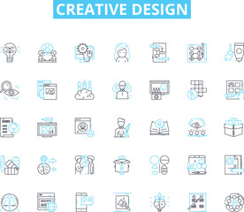 Creative design linear icons set. Aesthetics, Innovation, Inspiration, Imagination, Typography, Ideation, Composition line vector and concept signs. Conceptualization,Branding,Minimalism outline