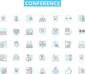 Conference linear icons set. Nerking, Presentations, Workshops, Keynote, Panels, Sessions, Industry line vector and concept signs. Experts,Speakers,Schedule outline illustrations