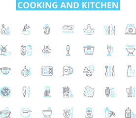 Cooking and kitchen linear icons set. Whisk, Grate, Bake, Saute, Simmer, Boil, Roast line vector and concept signs. Chop,Slice,Fry outline illustrations