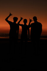 Fototapeta na wymiar silhouette of friends at the beach for the sunset