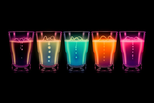 5 leuchtende neon Cocktails / Drinks in Neonfarben und Neonlicht. Digital Painting. Generative Ai.