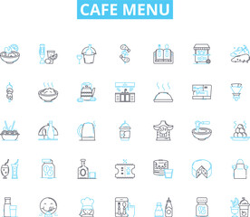Cafe menu linear icons set. Brunch, Coffee, Pastries, Sandwiches, Salads, Smoothies, Tea line vector and concept signs. Breakfast,Desserts,Bagels outline illustrations