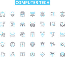 Computer tech linear icons set. Hardware, Software, Processor, Memory, Graphics, LAN, WAN line vector and concept signs. Internet,Firewall,Encryption outline illustrations
