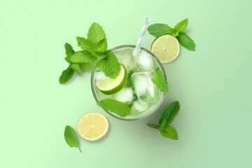 Mojito cocktail with lime, mint and ice on green background. Top View. Generative AI