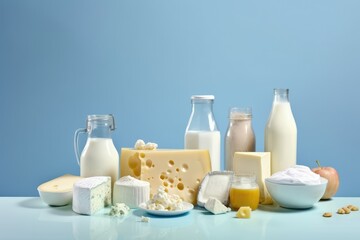 Milk products on blue background with copy space. Dairy products. Generative AI - obrazy, fototapety, plakaty