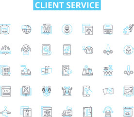 Client service linear icons set. Support, Help, Assistance, Compassion, Empathy, Relationship, Communication line vector and concept signs. Understanding,Patience,Satisfaction outline illustrations