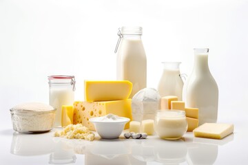 Obraz na płótnie Canvas Dairy products on white background. Milk, cheese, sour cream and yogurt. Generative AI