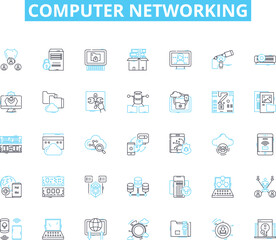 Computer networking linear icons set. Router, LAN, WAN, Ethernet, Firewall, Modem, DNS line vector and concept signs. IP,Subnet,VPN outline illustrations